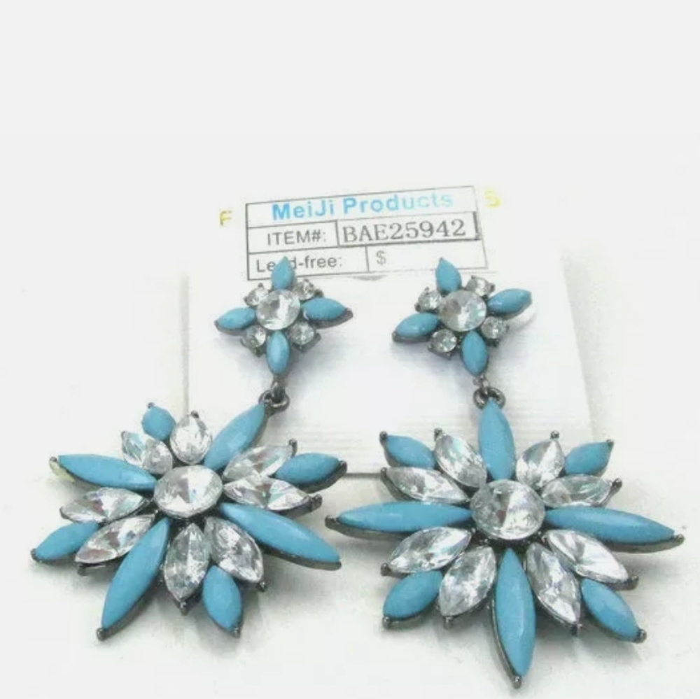 Statement Teal Starburst Gemstone Rhinestone Post… - image 3